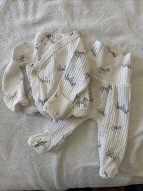 Carters PREMIE Baby Ribbed Two-Piece Set with Zebra Print - Cream & Blue